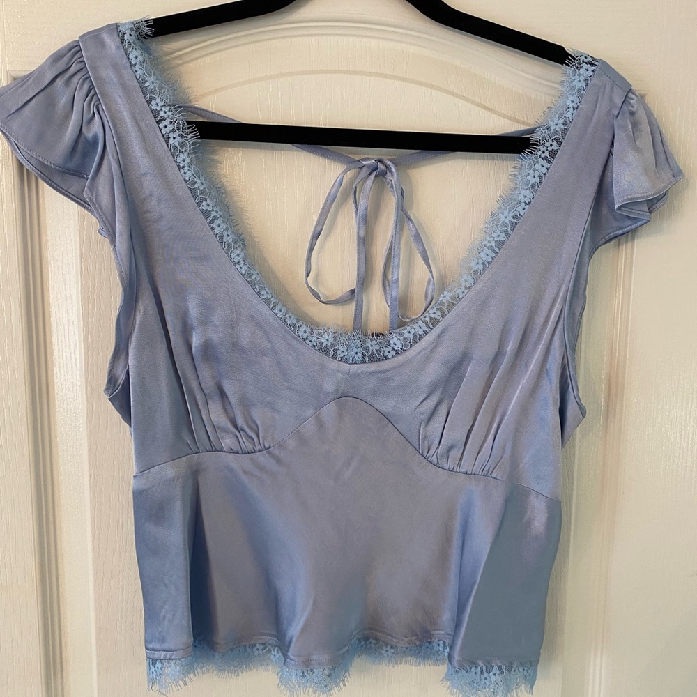 Anthropologie Satin Lace-Trim Steel Blue Camisole Top